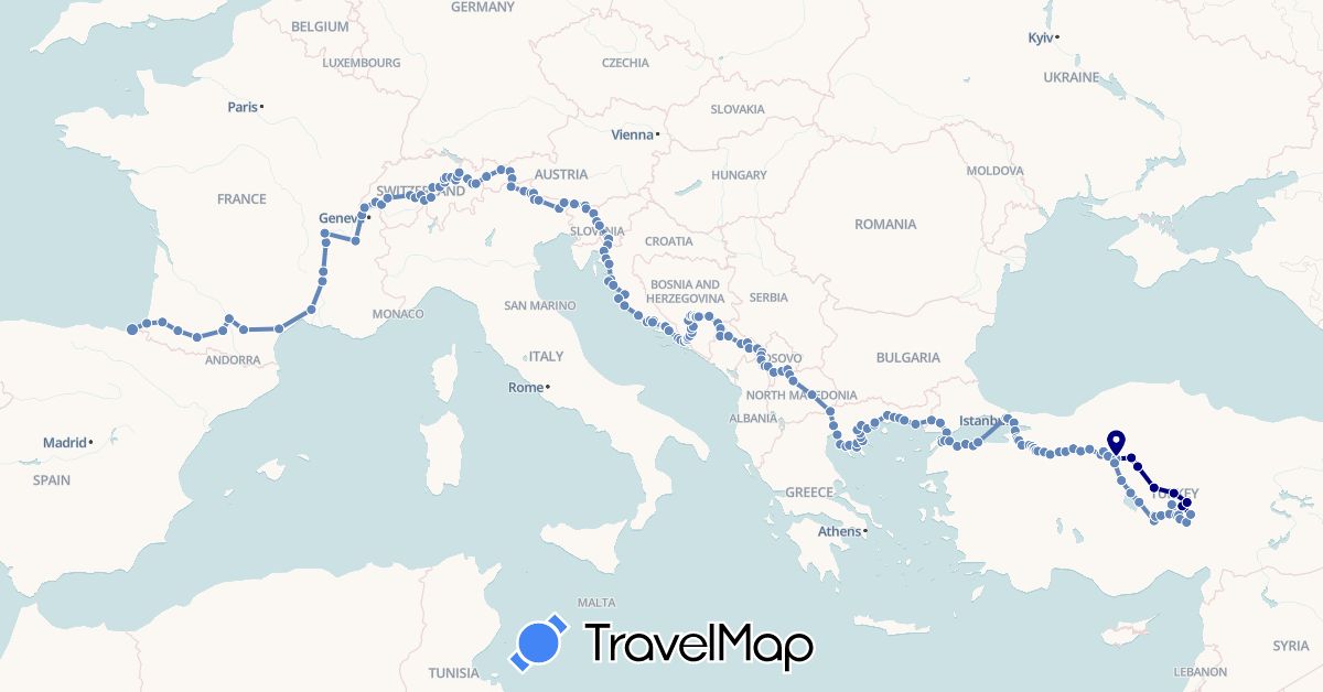 TravelMap itinerary: driving, cycling in Austria, Bosnia and Herzegovina, Switzerland, Spain, France, Greece, Croatia, Italy, Liechtenstein, Montenegro, Macedonia, Slovenia, Turkey, Kosovo (Asia, Europe)